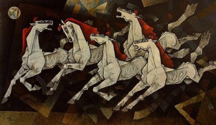 Animals acrylic painting titled 'Horses Waltzing To Happiness', 84x48 inches, by artist Dinkar Jadhav on Canvas