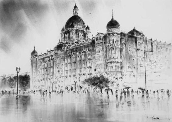 Cityscape charcoal painting titled 'Hotel Taj', 20x28 inches, by artist Mukhtar Kazi on Paper