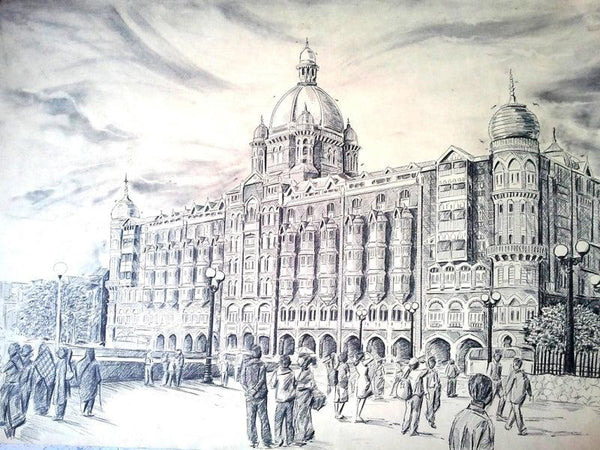 Landscape pen ink drawing titled 'Hotel Taj Mahal Mumbai', 45x35 inches, by artist Prashantarts on paper