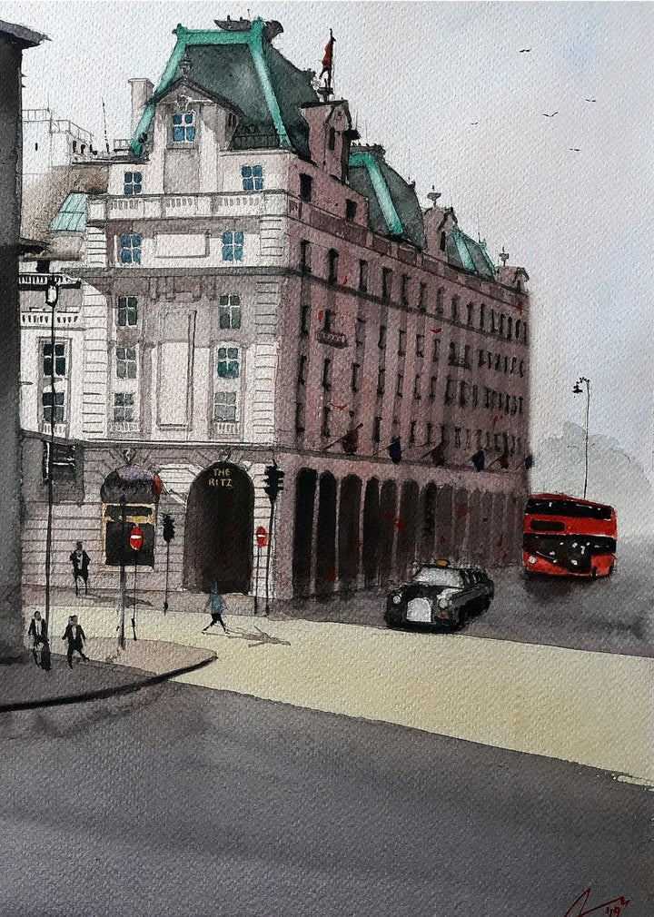 Cityscape watercolor painting titled 'Hotel The Ritz London', 16x12 inches, by artist Arunava Ray on Paper