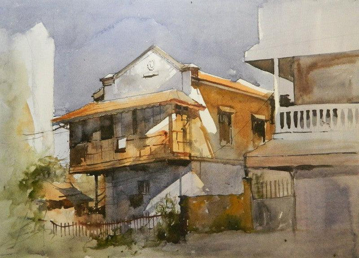 Cityscape watercolor painting titled 'House at Dhantoli', 14x20 inches, by artist Bijay Biswaal on Paper