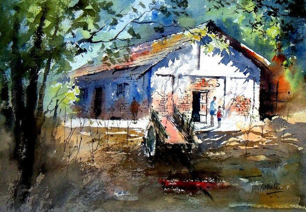 Landscape watercolor painting titled 'House at Pali', 14x21 inches, by artist Sanjay Dhawale on Handmade Paper