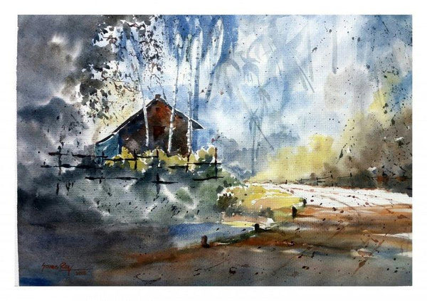 Landscape watercolor painting titled 'House at the corner', 20x14 inches, by artist Soven Roy on Paper