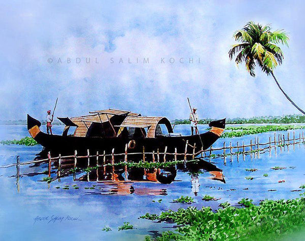 Seascape watercolor painting titled 'House Boat 1', 11x14 inches, by artist Abdul Salim on Paper