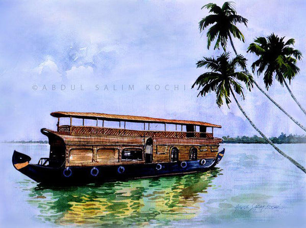 Seascape watercolor painting titled 'House Boat', 11x14 inches, by artist Abdul Salim on Paper