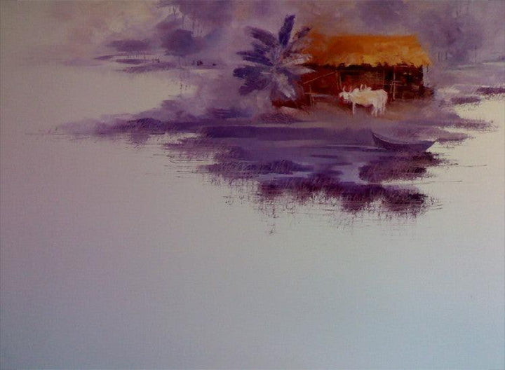 Seascape oil painting titled 'House by the River', 36x48 inches, by artist Narayan Shelke on Canvas