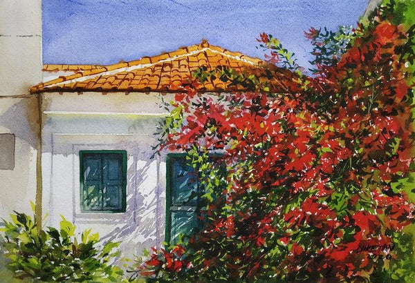 Landscape watercolor painting titled 'House covered with Flowers', 12x8 inches, by artist Niketan Bhalerao on On Paper