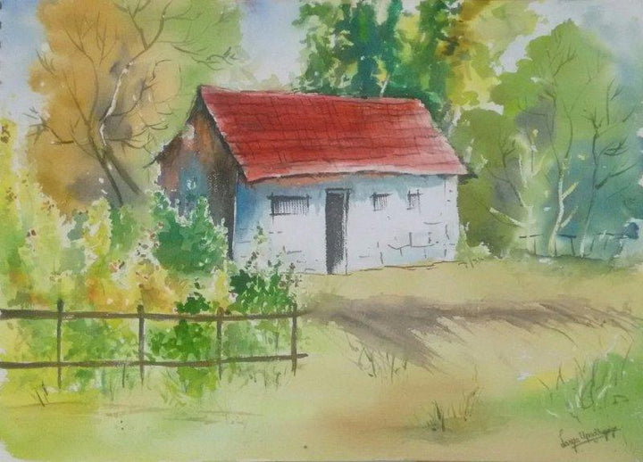 Landscape watercolor painting titled 'House in the woods', 16x12 inches, by artist Lasya Upadhyaya on Paper