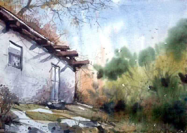 Landscape watercolor painting titled 'House of Shimla', 15x11 inches, by artist Amit Kapoor on Handmade Paper