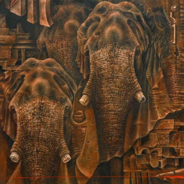 Animals oil painting titled 'How Many More', 60x60 inches, by artist Vikram Nayak on Canvas