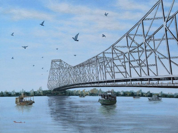 Cityscape acrylic painting titled 'Howrah Bridge', 36x48 inches, by artist Purnendu Mandal on Canvas