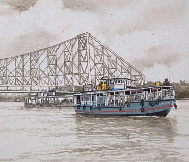 Cityscape acrylic painting titled 'Howrah Bridge In Kolkata 2', 16x20 inches, by artist Amlan Dutta on Canvas