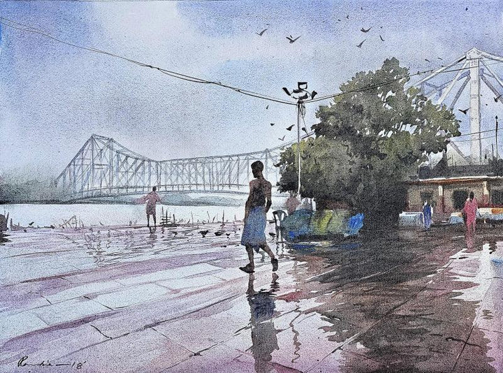 Cityscape acrylic painting titled 'Howrah Bridge Kolkata', 18x24 inches, by artist Ranabir Saha on Canvas