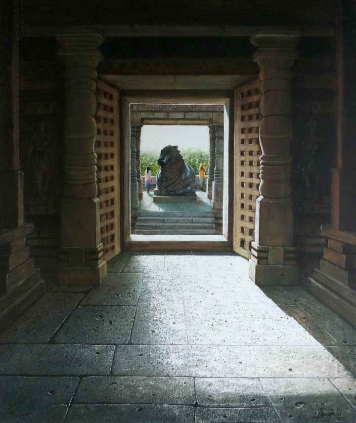 Religious oil painting titled 'Hoysaleswara Temple', 36x30 inches, by artist Pravin Pasare on Canvas