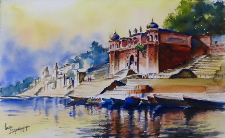 Cityscape watercolor painting titled 'Hues Of Varanasi 2', 11x15 inches, by artist Lasya Upadhyaya on Paper