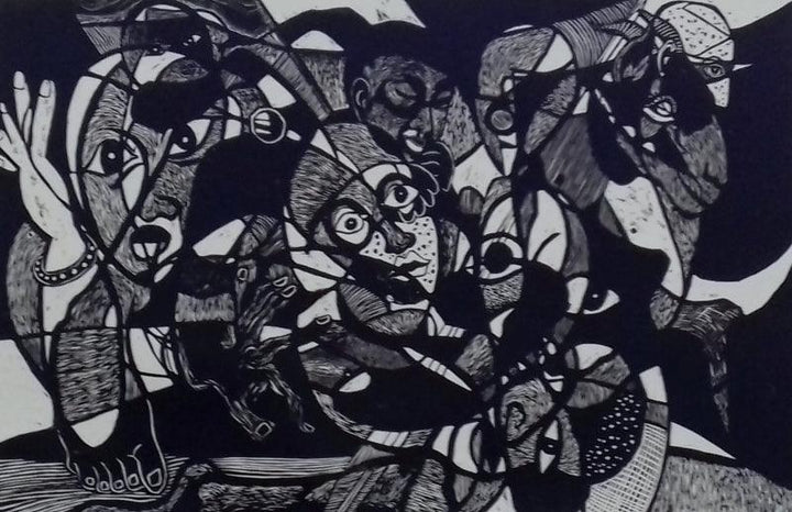 Figurative printmaking titled 'Human Behavior', 31x47 inches, by artist Jintu Mohan Kalita on Paper