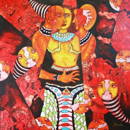 Figurative acrylic painting titled 'Human Minds', 48x48 inches, by artist DADA on Canvas