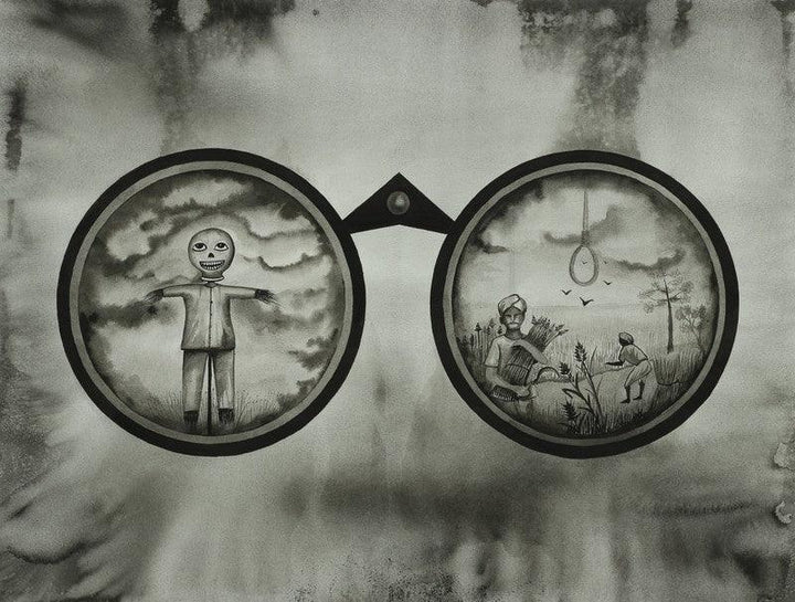 contemporary ink drawing titled 'Hunting Binoculars 1', 19x25 inches, by artist Pravin Dhanuskar on Paper