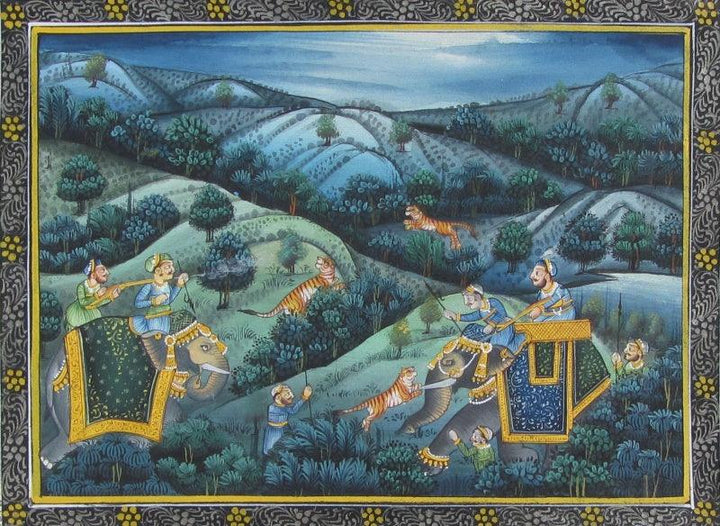 Figurative mughal traditional art titled 'Hunting Lions', 7x9 inches, by artist Unknown on Silk