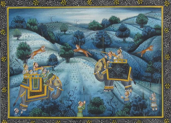 Figurative mughal traditional art titled 'Hunting Lions At Jungle', 7x9 inches, by artist Unknown on Silk