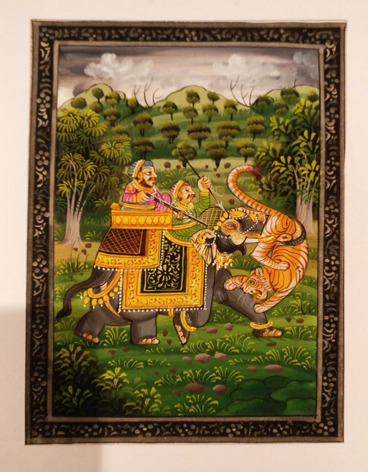 Folk Art watercolor painting titled 'Hunting scene from rajputana era', 5x7 inches, by artist Unknown on silk