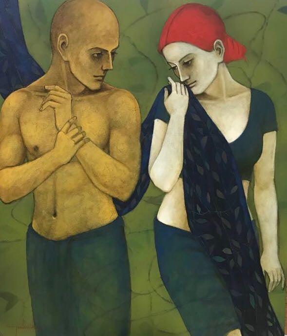 Figurative acrylic painting titled 'Hushed', 42x36 inches, by artist Asit Kumar Patnaik on Canvas