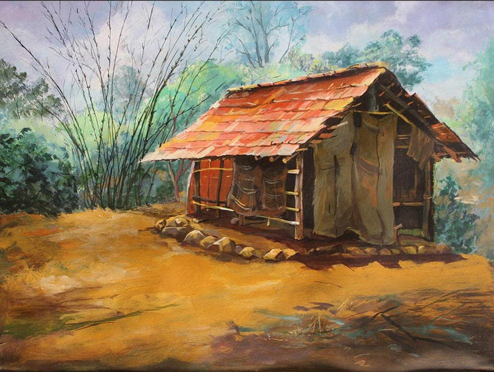 Landscape acrylic painting titled 'Hut 1', 18x24 inches, by artist Chandrashekhar P Aher on Canvas Board