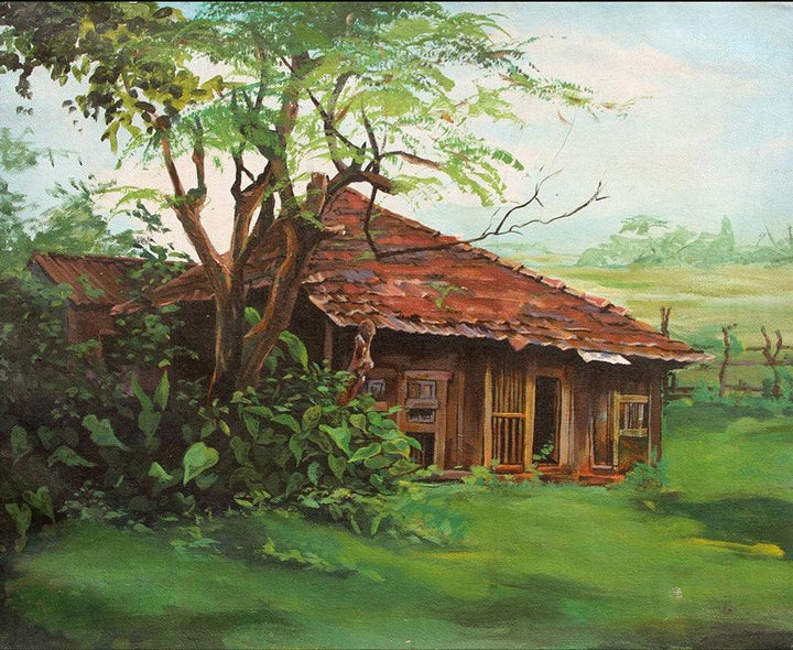 Landscape acrylic painting titled 'Hut 2', 16x20 inches, by artist Chandrashekhar P Aher on Canvas Board