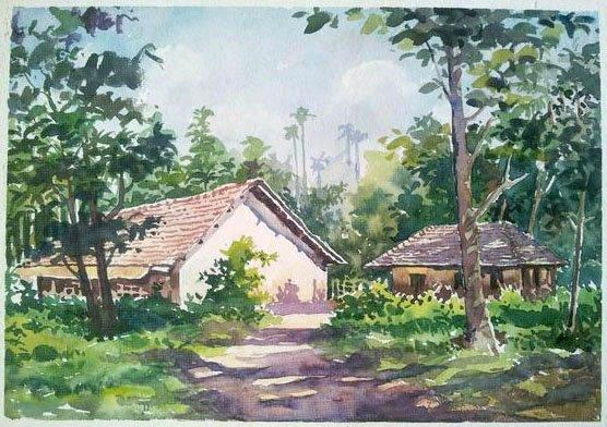 Landscape watercolor painting titled 'Hut', 11x15 inches, by artist Gaurishankar Behera on Paper