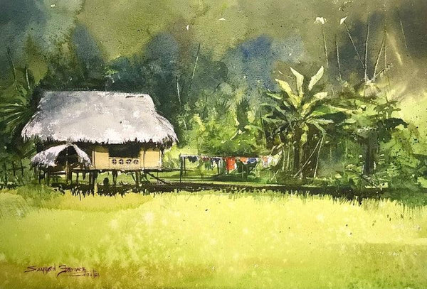 Landscape watercolor painting titled 'Hut in wood', 14x20 inches, by artist KS Farvez on Paper