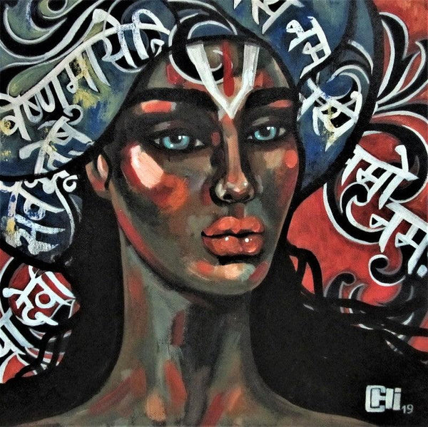 Portrait acrylic painting titled 'Hymns 2', 14x14 inches, by artist Suruchi Jamkar on Canvas