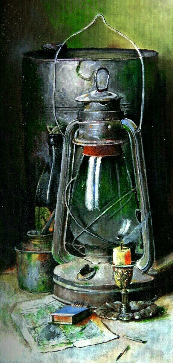 Realistic acrylic painting titled 'Hypothesis of antiques and light', 24x15 inches, by artist Aayush Agarwal on Paper