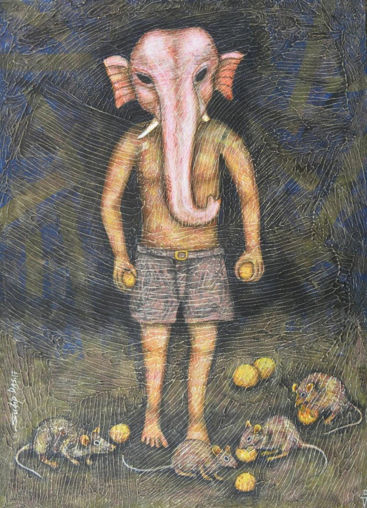 Religious tempera painting titled 'I Am Ganesh', 25x18 inches, by artist Sudip Das on Canvas Board