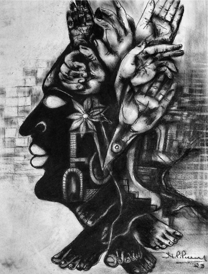 Figurative charcoal painting titled 'I Am The Winner', 23x20 inches, by artist N P Pandey on Paper