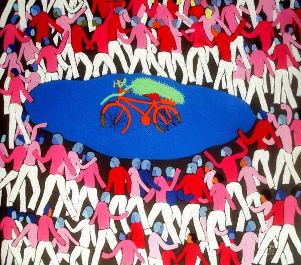 contemporary acrylic painting titled 'I Say Bicycle They Says Jackfruit', 33x30 inches, by artist Kumar Ranjan on Canvas