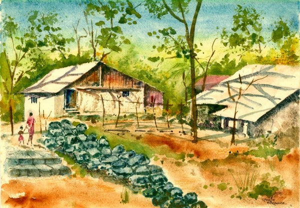 Landscape watercolor painting titled 'Ideal Neighbour', 10x14 inches, by artist Ramessh Barpande on Paper