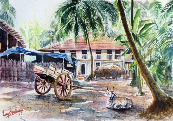 Landscape watercolor painting titled 'Idylliclife', 12x16 inches, by artist Lasya Upadhyaya on Paper