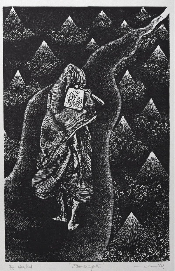 contemporary printmaking titled 'Illumine Path', 11x8 inches, by artist Appalachari Chalapaka on Paper