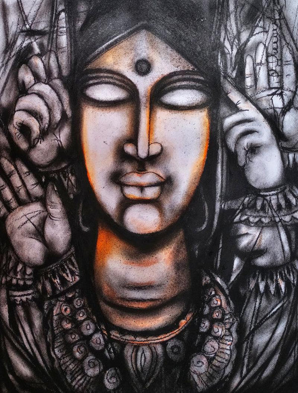 Religious mixed media drawing titled 'Image Of Power', 23x20 inches, by artist N P Pandey on Paper