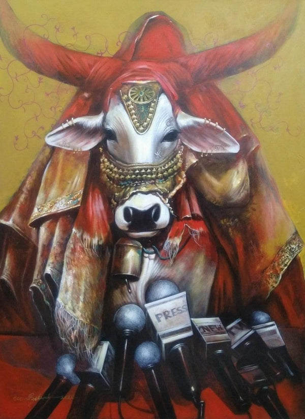 Animals acrylic painting titled 'Important Meeting', 48x36 inches, by artist Jiban Biswas on Canvas