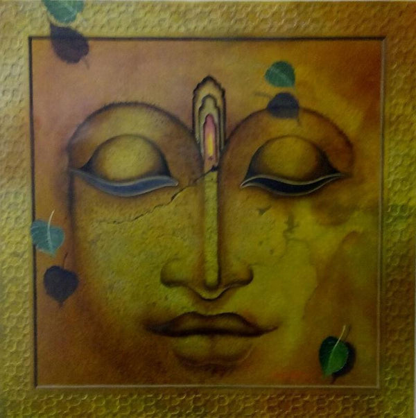 Religious mixed media painting titled 'Impression Of Buddha', 42x42 inches, by artist Mohd. Shakeel Saifi on Canvas