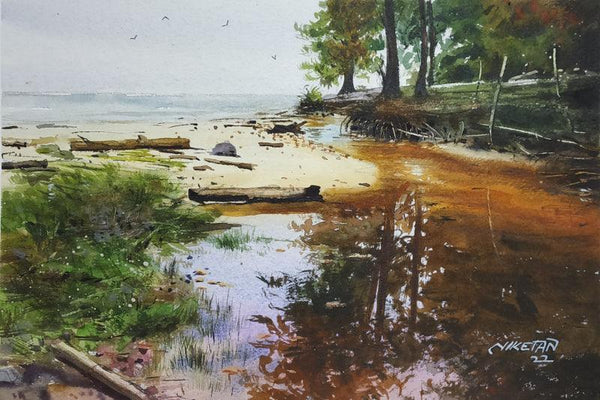 Landscape watercolor painting titled 'Impression of Reflection', 12x8 inches, by artist Niketan Bhalerao on Paper