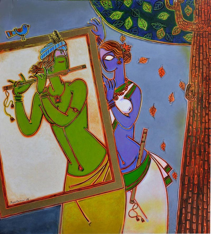 Figurative acrylic painting titled 'In A Frame 2', 33x30 inches, by artist Santanu Nandan Dinda on Canvas