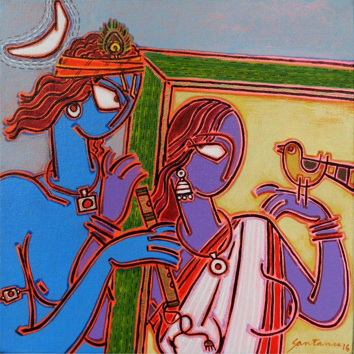 Figurative acrylic painting titled 'In A Frame 3', 12x12 inches, by artist Santanu Nandan Dinda on Canvas