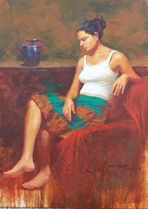 Figurative watercolor painting titled 'In Deep Thoughts', 30x48 inches, by artist Ganesh Hire on Canvas