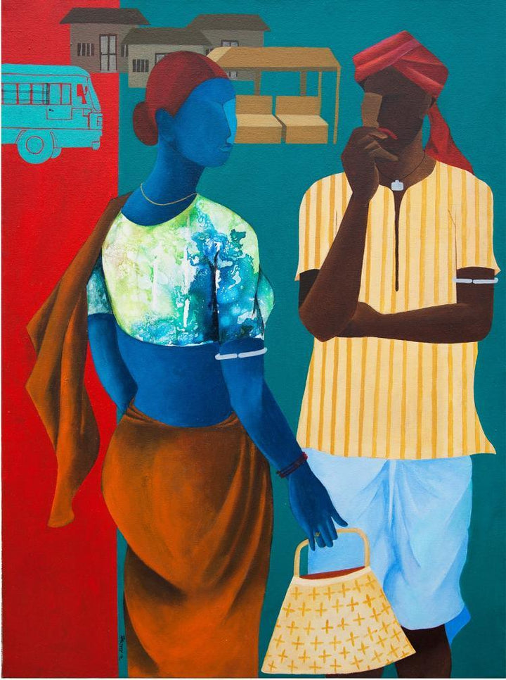 Figurative acrylic painting titled 'In Discussion', 30x22 inches, by artist Abhiram Bairu on Canvas