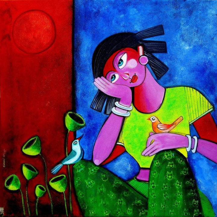 Figurative acrylic painting titled 'In her thoughts', 30x30 inches, by artist Sharmi Dey on Canvas