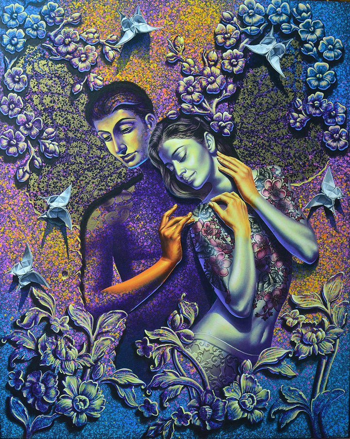 Figurative acrylic painting titled 'In Love 1', 60x48 inches, by artist Prashanta Nayak on Canvas