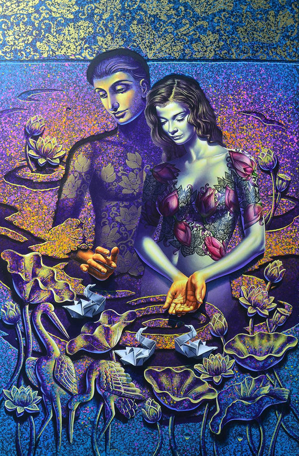 Figurative acrylic painting titled 'In Love 2', 78x48 inches, by artist Prashanta Nayak on Canvas