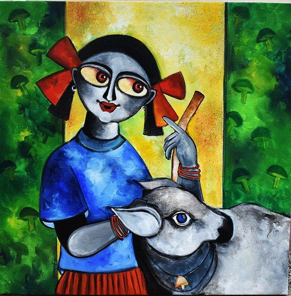 Figurative acrylic painting titled 'In my village', 24x24 inches, by artist Sharmi Dey on Canvas